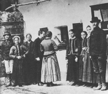 Black and white photograph of folk musicians from the early 20th century